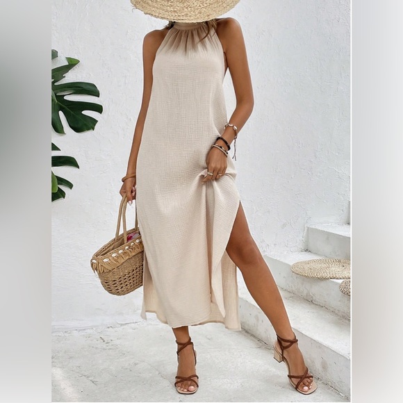Cotton Split Thigh Halter Backless Dress - Picture 1 of 5